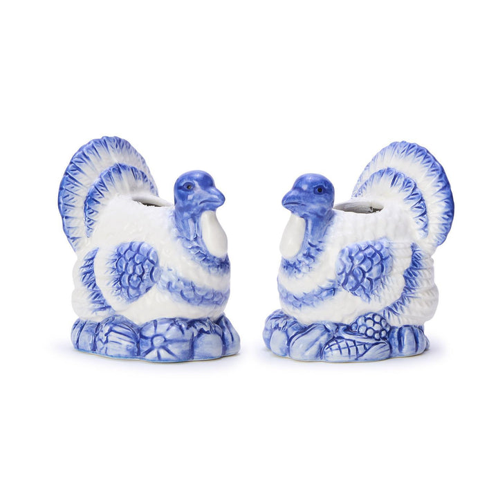 BLUE & WHITE PAINTED TURKEY CANDLEHOLDER SET