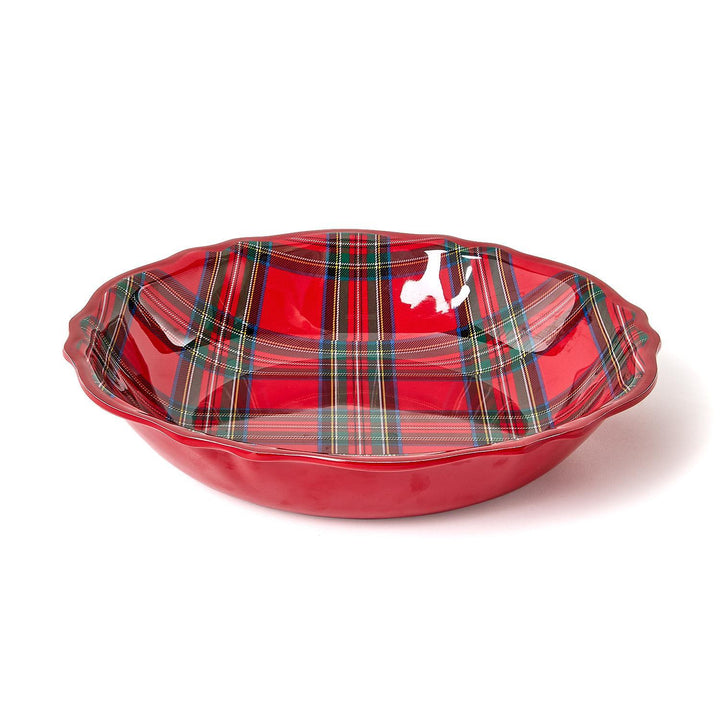 Red tartan-patterned pet bowl on a white background