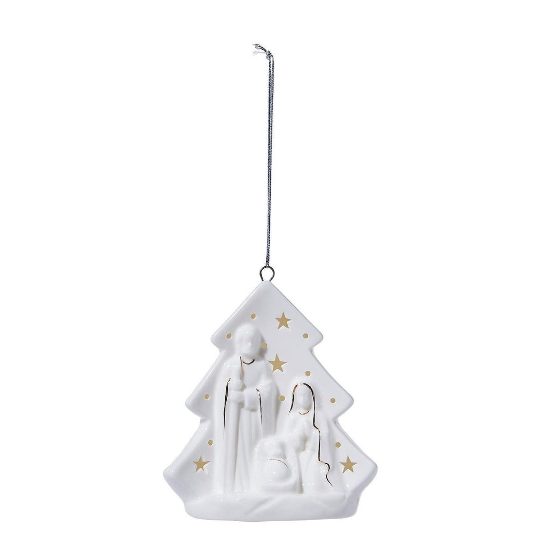 White Christmas tree-shaped ornament with nativity scene and gold stars on a white background