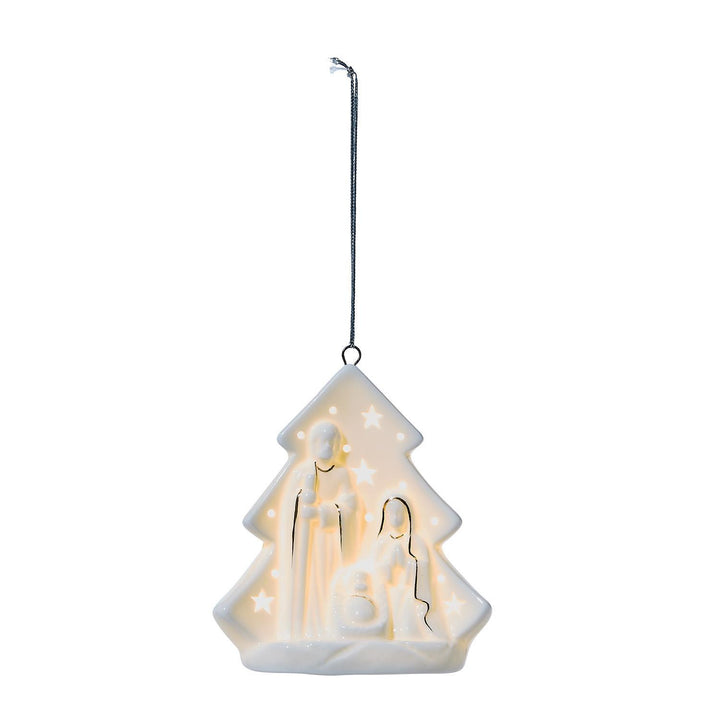 Decorative Christmas tree ornament with a nativity scene inside on a white background