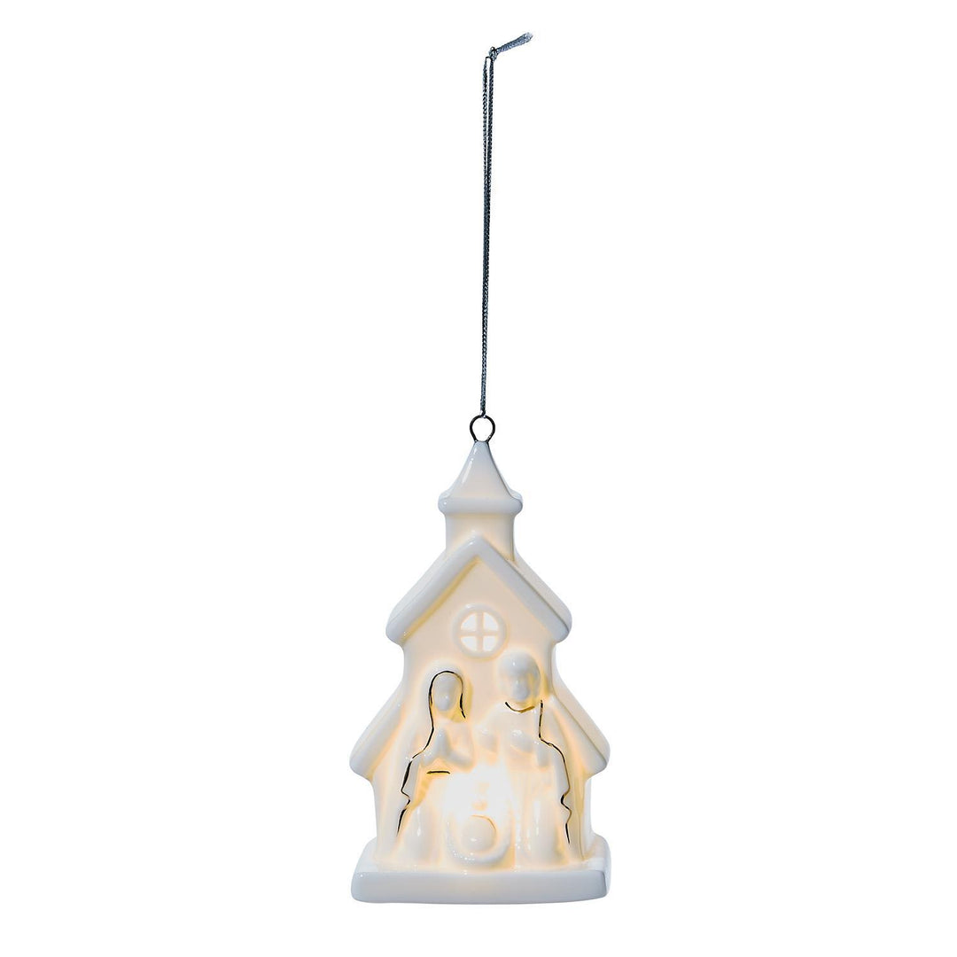 Decorative hanging nativity scene with a white background