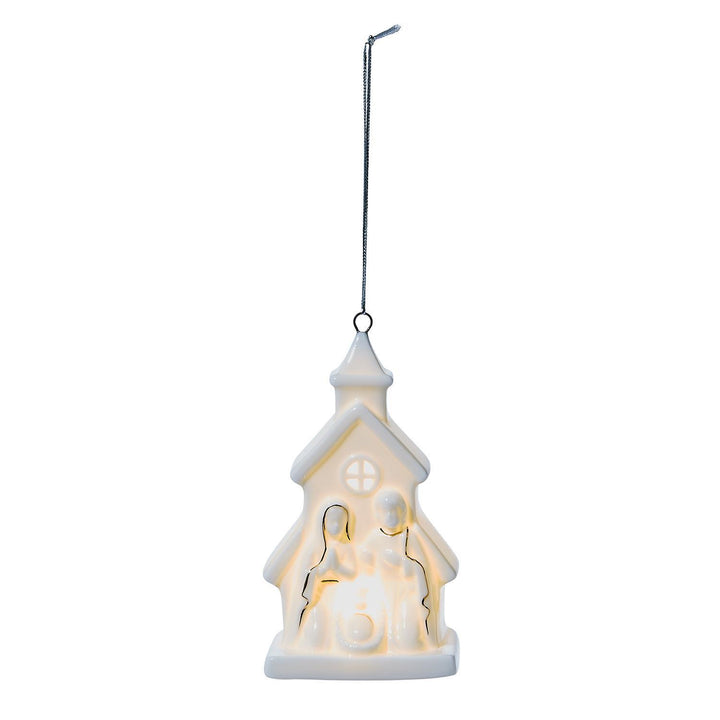 Decorative hanging nativity scene with a white background