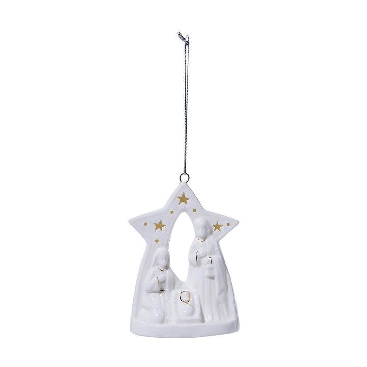 A white ceramic Christmas nativity ornament shaped like a star with gold stars and a silver hanging loop, shown against a plain white background.