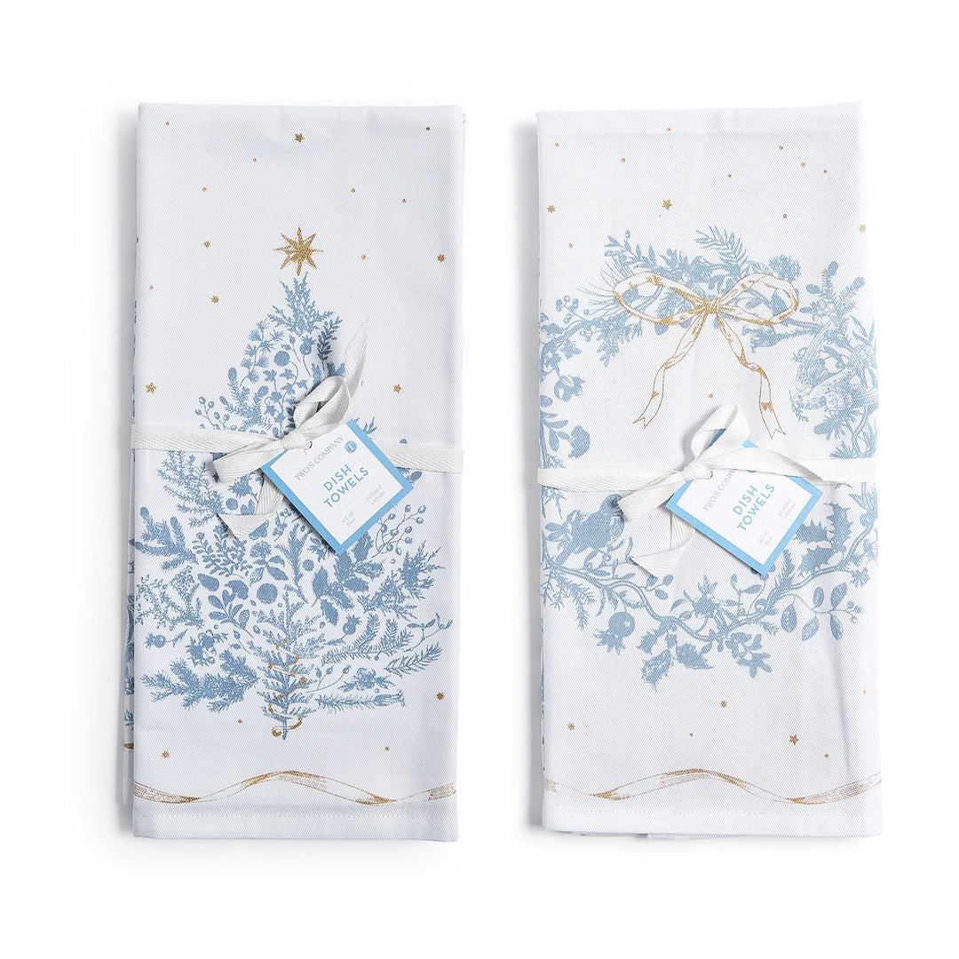 Two decorative towels with festive designs and tags on a white background