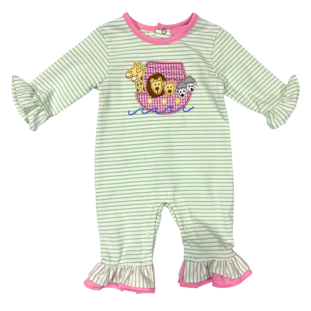 Green and pink striped baby romper with animal design on a white background