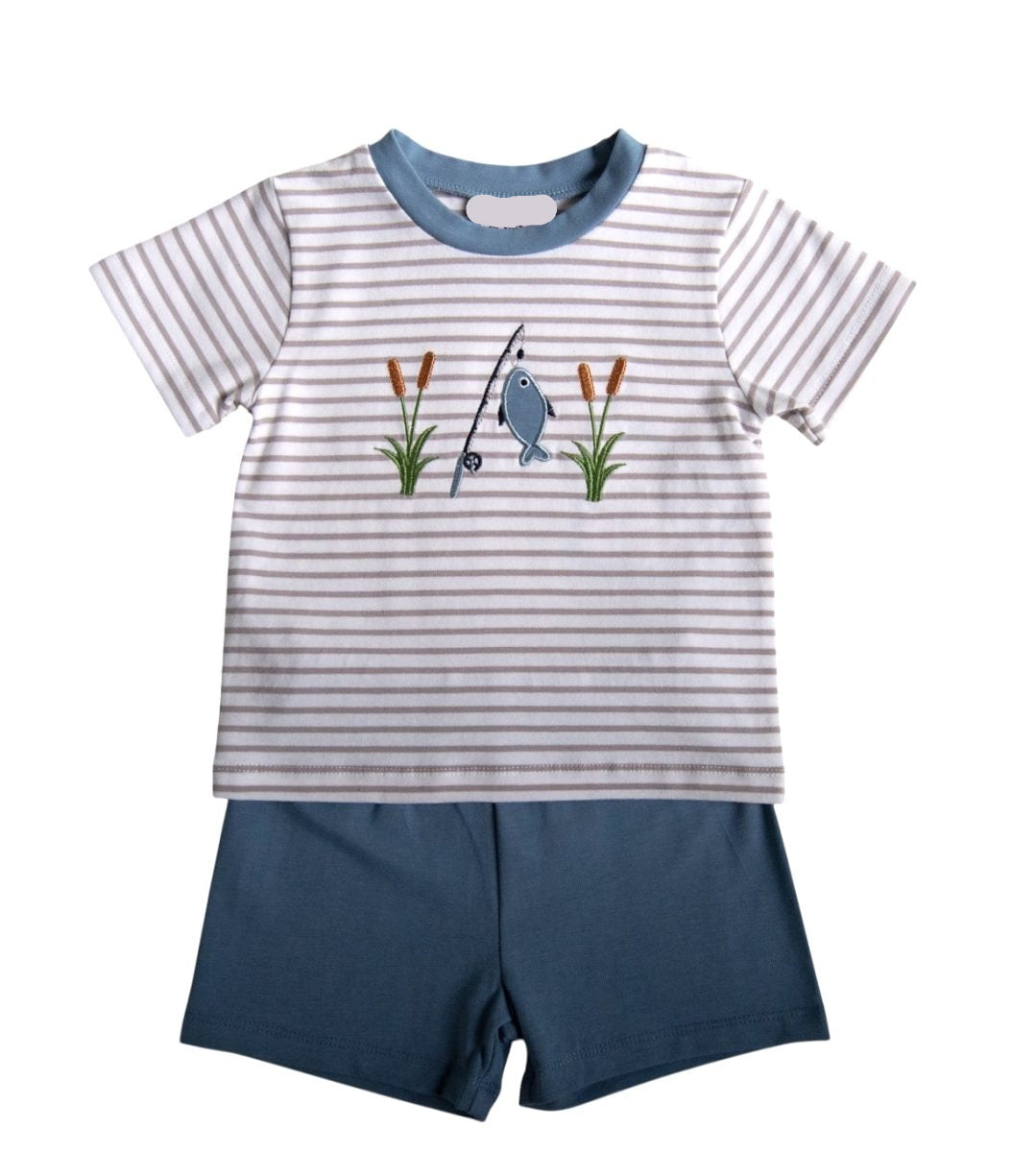 BLUE STRIPED CATCH OF THE DAY APPLIQUE BOYS SHORT SET WITH MATCHING BLUE SHORTS AND STRIPED SHIRT