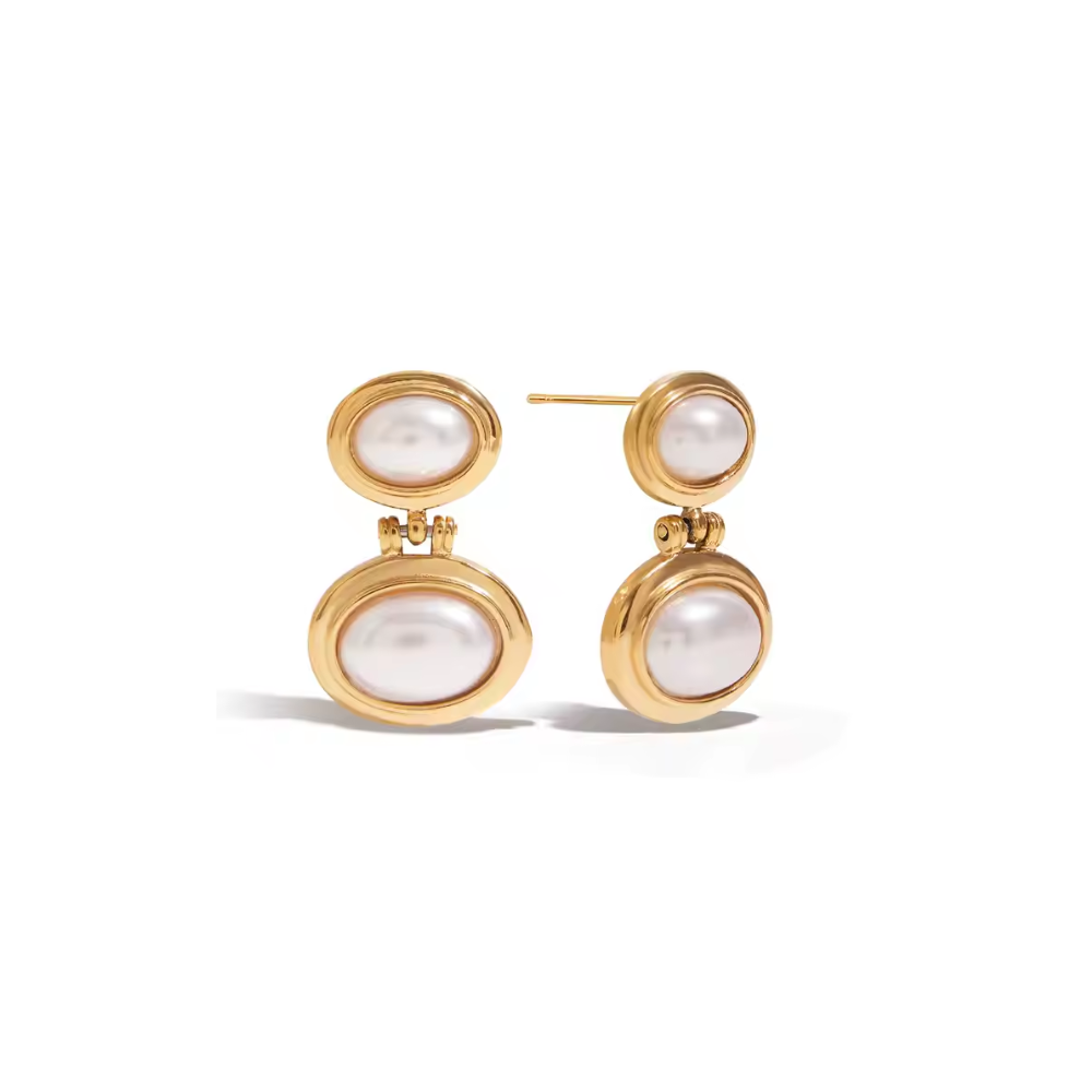Pearl Heirloom gold double oval drop earrings with faux pearls