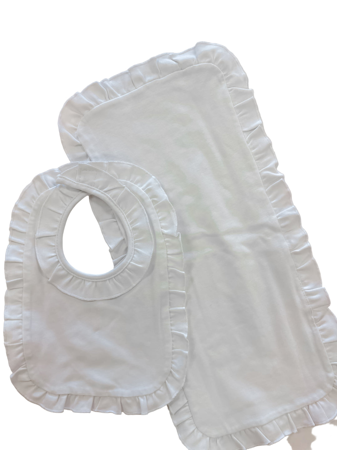 White Ruffled Bib & Burp Cloth Set – Classic Baby Gift Set with Delicate Ruffle Trim | Walker Boutique