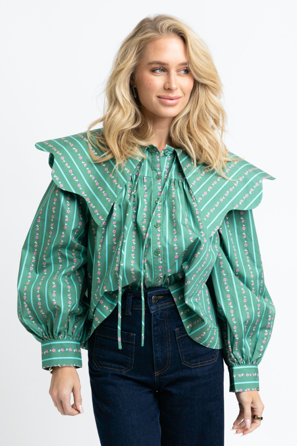 KARLIE: GREEN FLORAL DITSY STRIPE PETER PAN COLLAR TOP