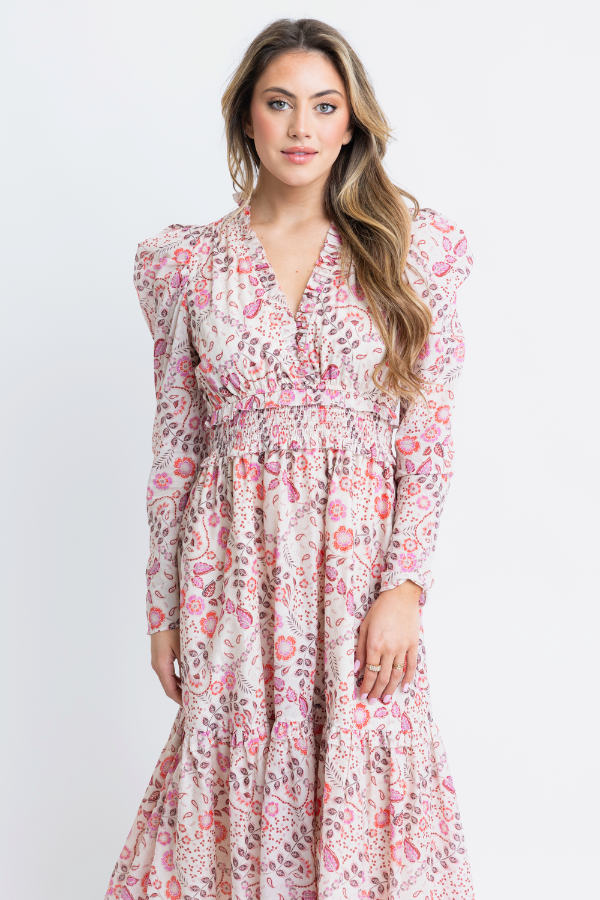 KARLIE: PINK FLORAL PARIS VNECK TIER MAXI DRESS
