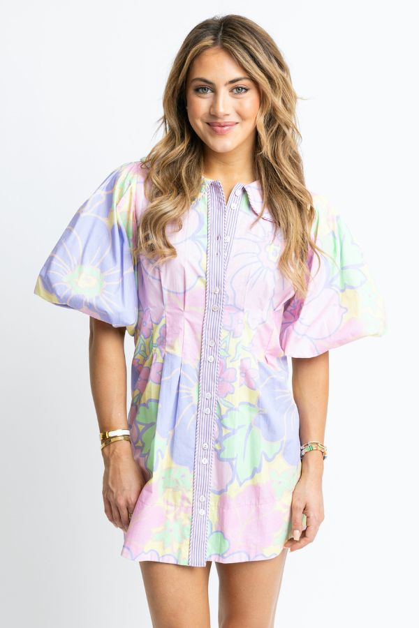 KARLIE: LAVENDER LARGE FLORAL POPLIN PUFF SLEEVE DRESS
