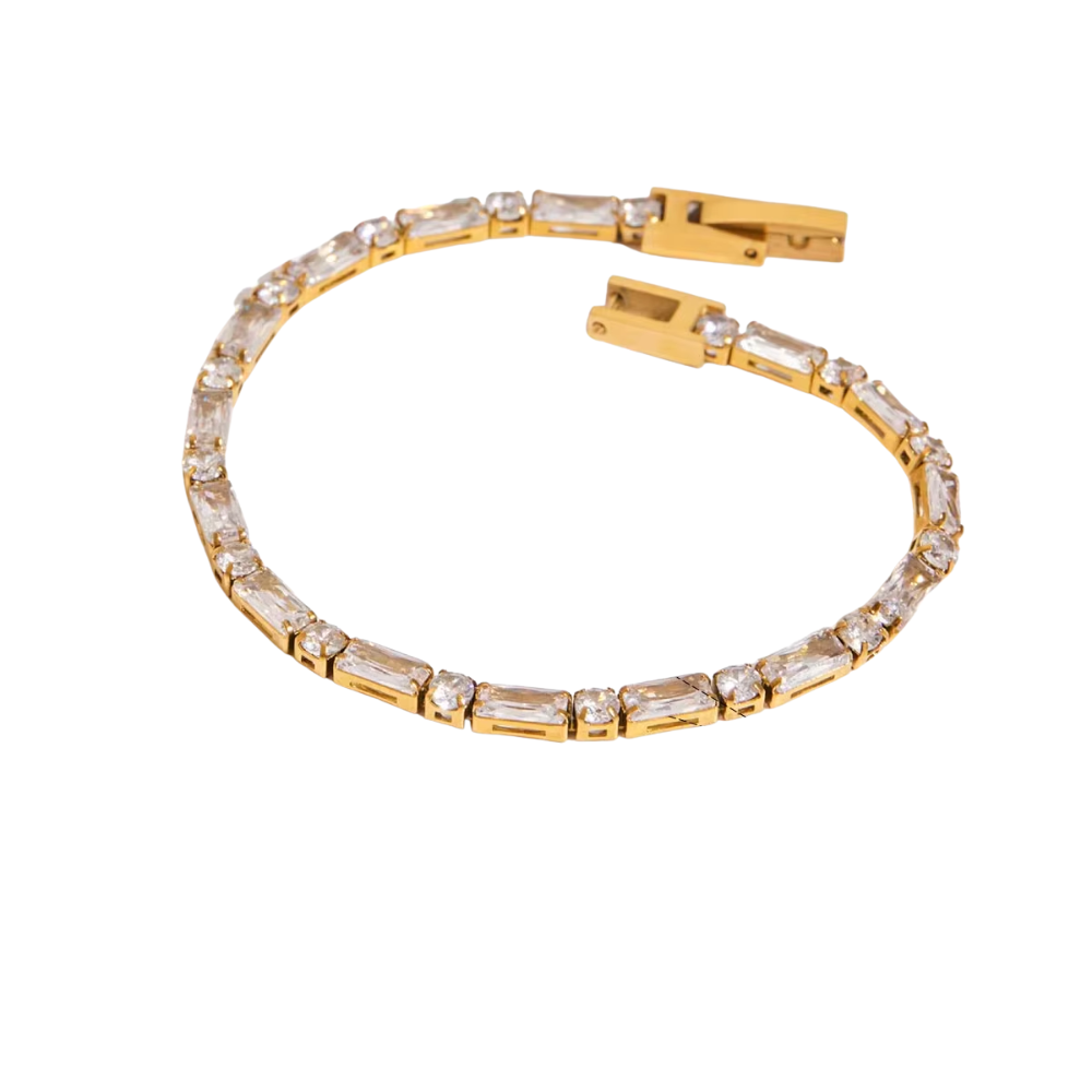 Gold Victoria tennis bracelet with baguette and round crystal accents