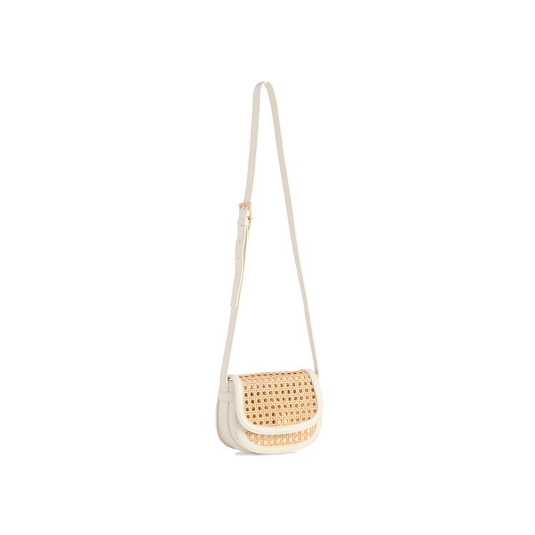 Ivory woven cane saddle crossbody bag with adjustable strap and smooth trim | Walker Boutique