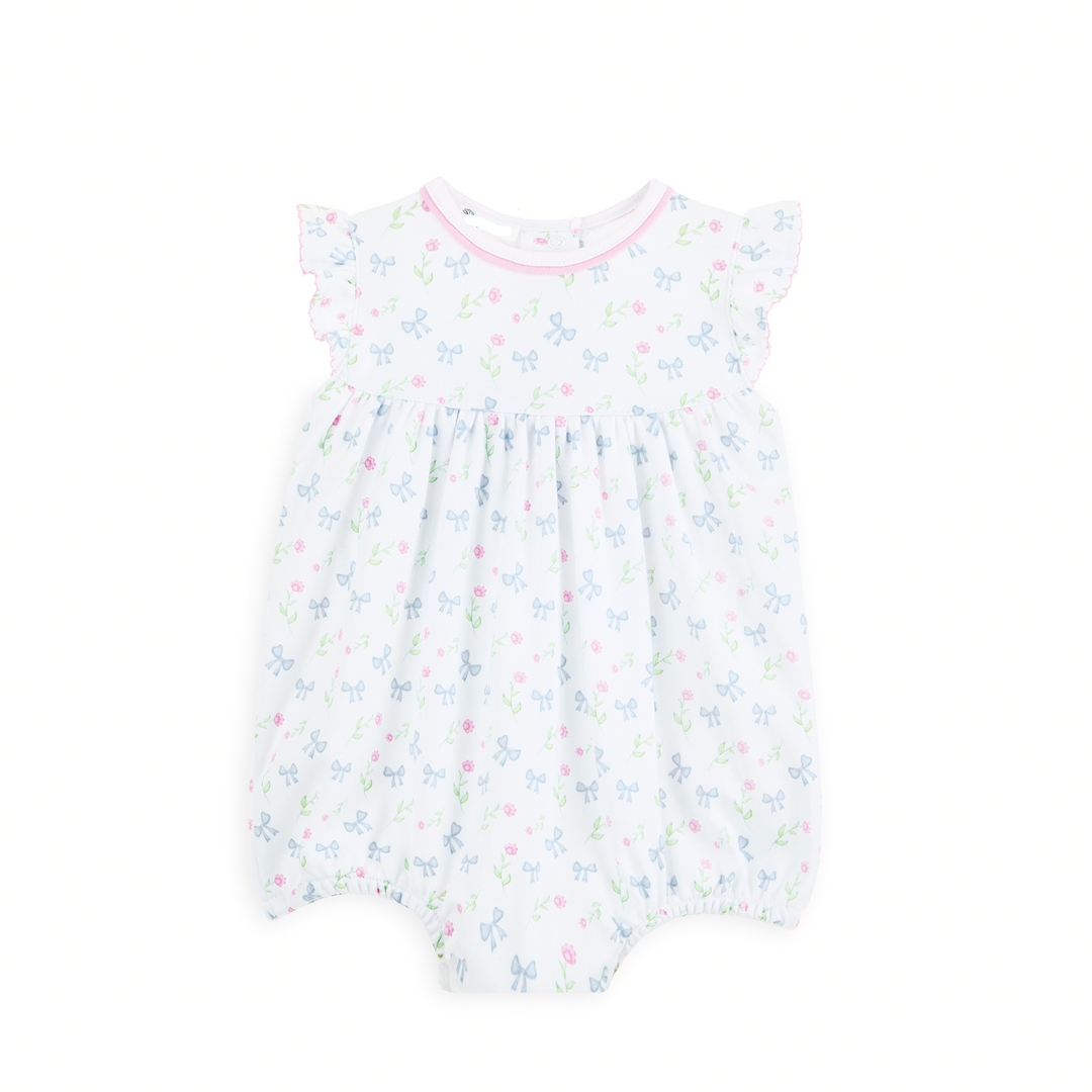 flutter sleeve bubble with Allover pastel floral and bow print

Flutter sleeves with delicate pink picot trim
