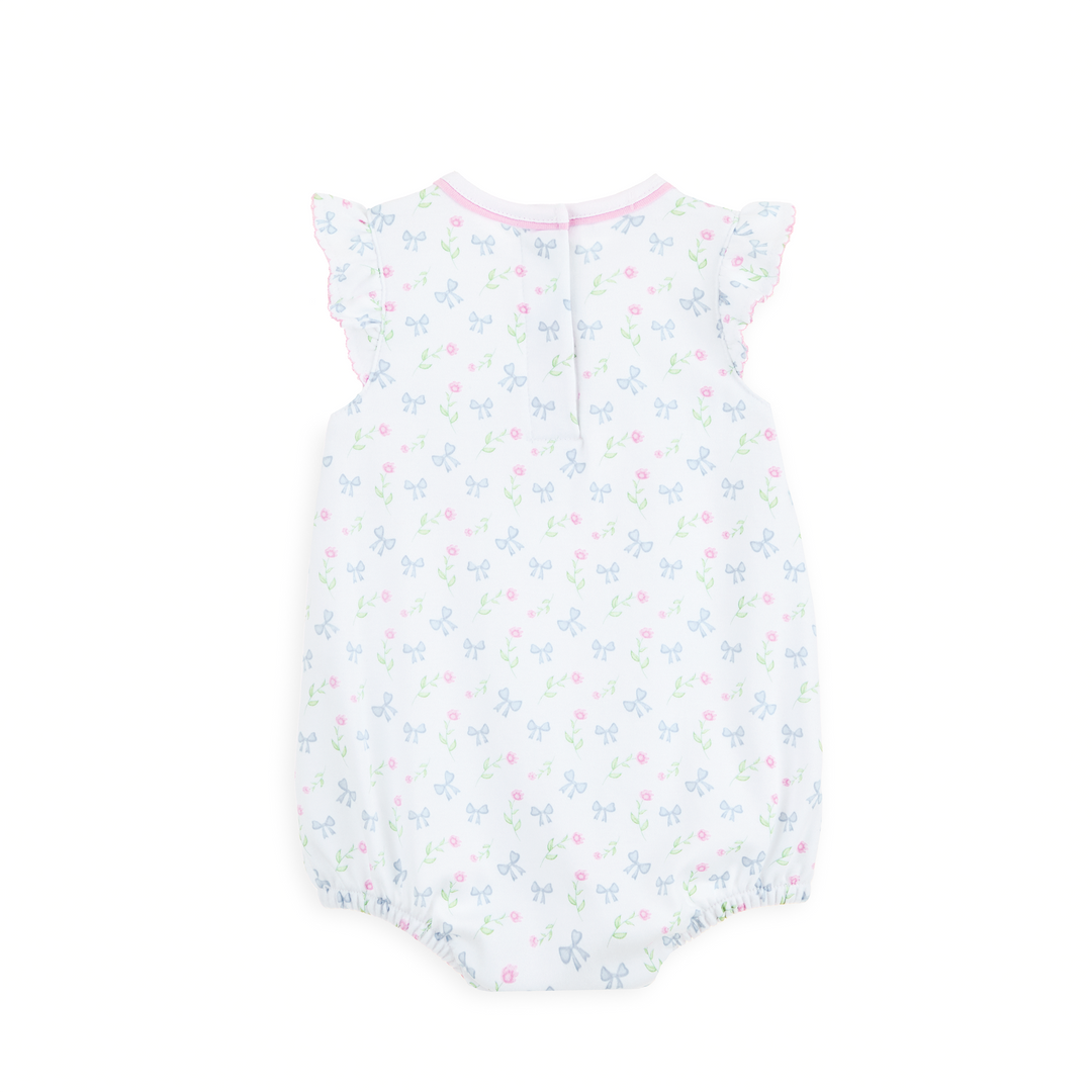 flutter sleeve bubble with Allover pastel floral and bow print

Flutter sleeves with delicate pink picot trim