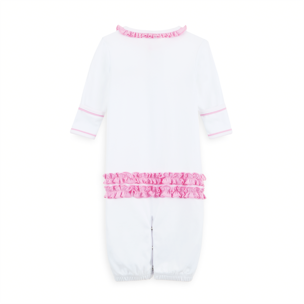 WHITE CONVERTER GOWN WITH PINK RUFFLE TRIM DETAIL AND BOW WITH FLORAL EMBROIDERY 