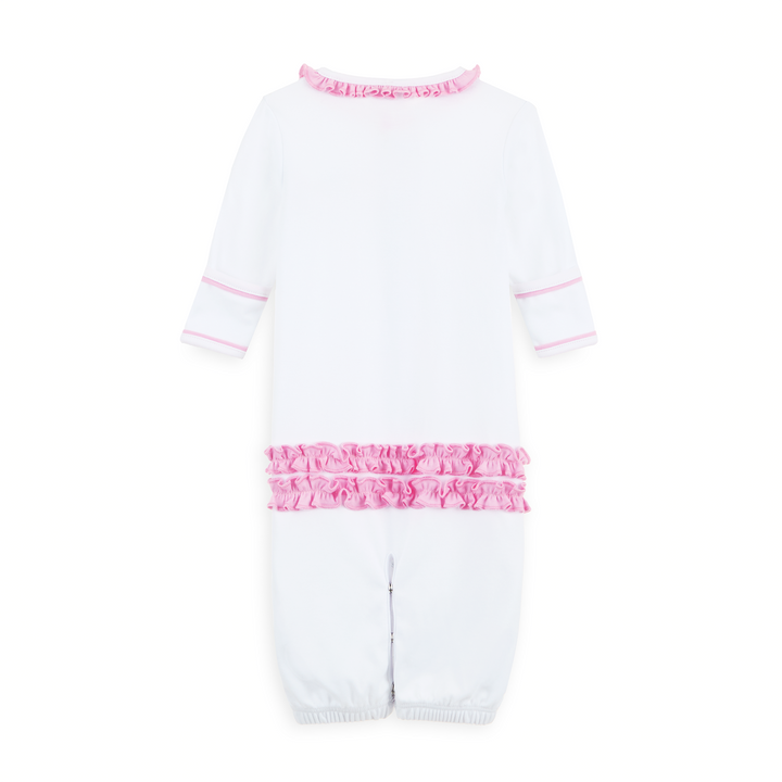 WHITE CONVERTER GOWN WITH PINK RUFFLE TRIM DETAIL AND BOW WITH FLORAL EMBROIDERY 