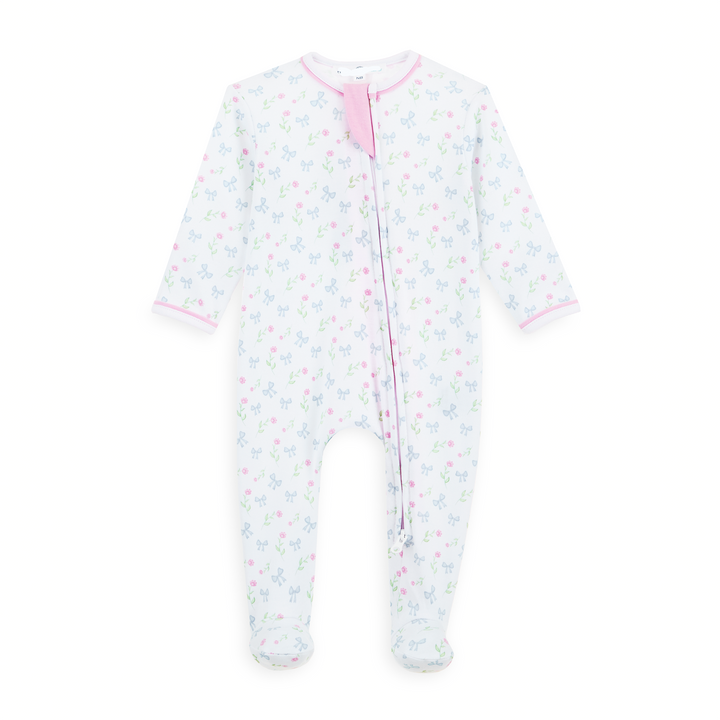 long sleeve footie with Allover pastel floral and bow print

Soft white cotton with sky blue, pink, and green accents