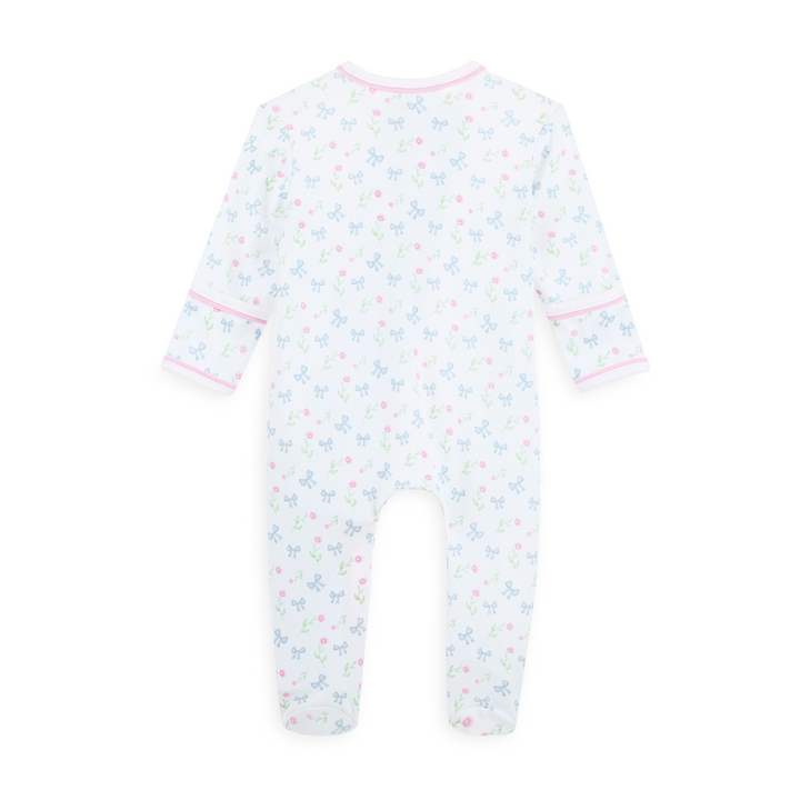 long sleeve footie with Allover pastel floral and bow print

Soft white cotton with sky blue, pink, and green accents