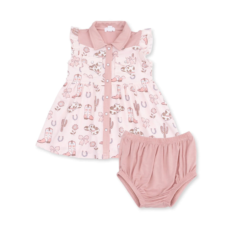 Angel Dear Cowgirl Boots and Bows Western Pearl Snap Dress and Bloomer front view of the girls dress highlighting the silhouette and cowgirl boots and bows western pearl snap dress and bloomer design
