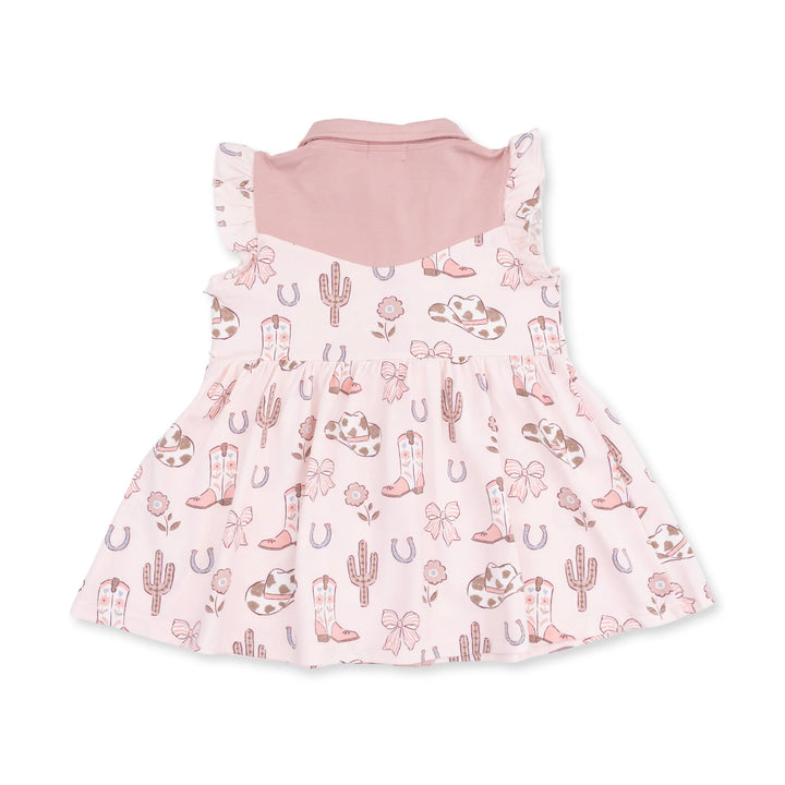 Angel Dear Cowgirl Boots and Bows Western Pearl Snap Dress and Bloomer alternate view of the girls dress showing the cowgirl boots and bows western pearl snap dress and bloomer design and coordinating trim
