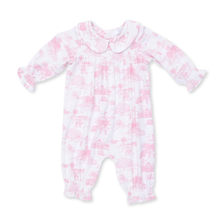 Angel Dear Golf Toile Pink Smocked Long Sleeve Romper front view of the baby romper highlighting the silhouette and golf toile pink smocked design