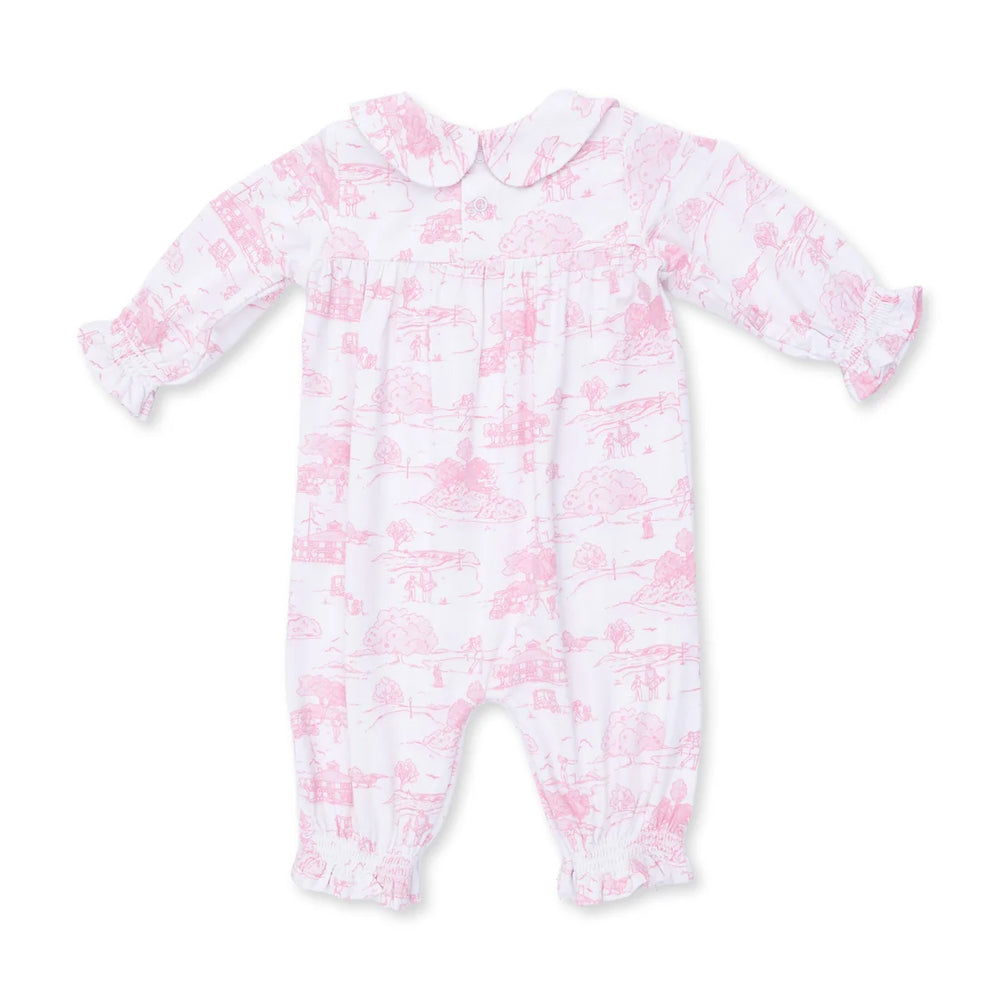 Angel Dear Golf Toile Pink Smocked Long Sleeve Romper alternate view of the baby romper showing the golf toile pink smocked design and coordinating trim