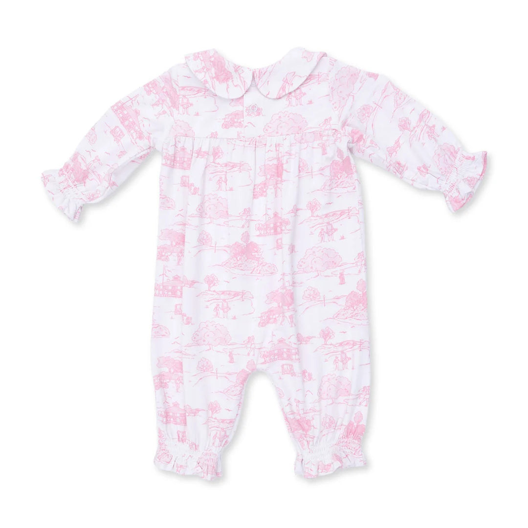 Angel Dear Golf Toile Pink Smocked Long Sleeve Romper alternate view of the baby romper showing the golf toile pink smocked design and coordinating trim