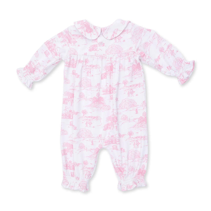 Angel Dear Golf Toile Pink Smocked Long Sleeve Romper alternate view of the baby romper showing the golf toile pink smocked design and coordinating trim
