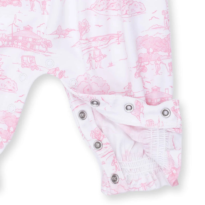 Angel Dear Golf Toile Pink Smocked Long Sleeve Romper close-up of the baby romper highlighting the print, closures, and finishing details
