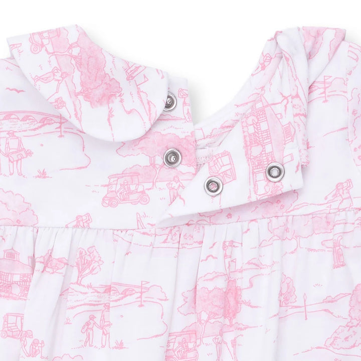 Angel Dear Golf Toile Pink Smocked Long Sleeve Romper additional styling view of the baby romper with the golf toile pink smocked design