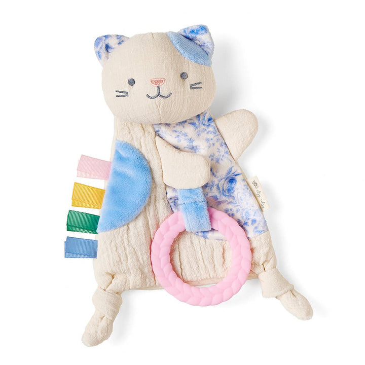 Cat-shaped plush toy with colorful elements on a white background