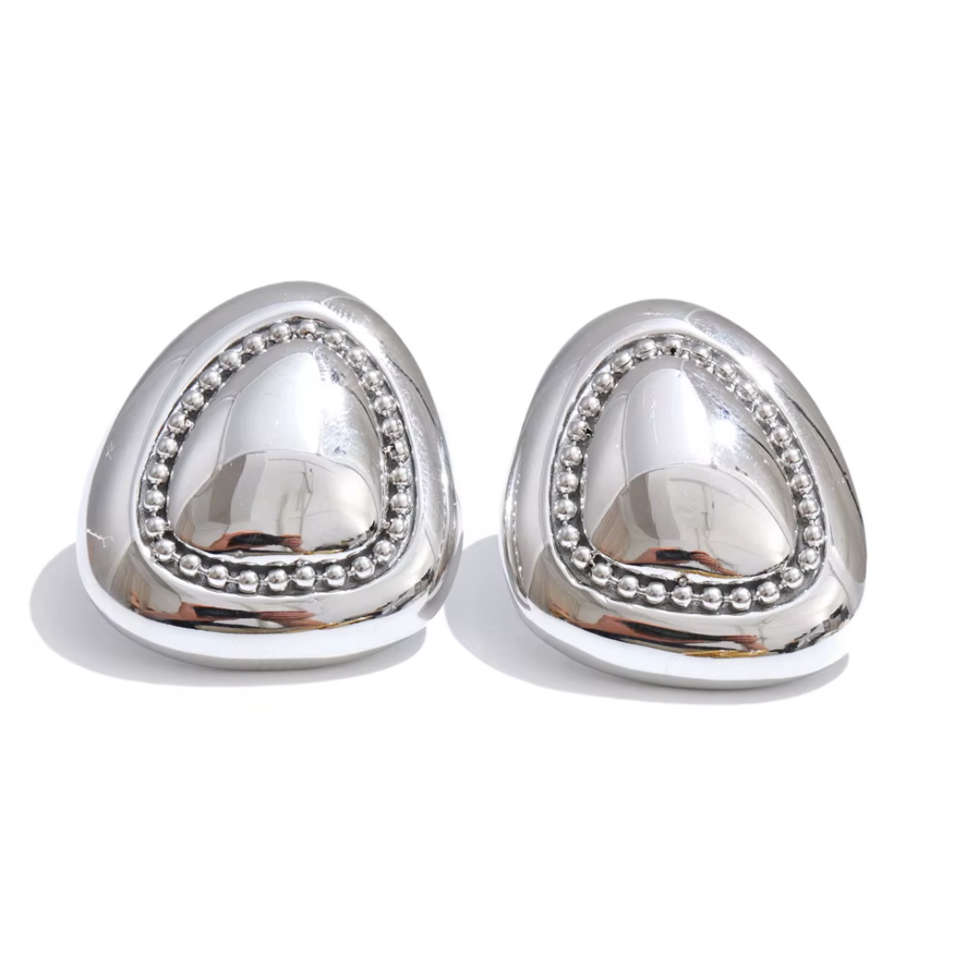 Silver Selma rounded triangle statement stud earrings with beaded border