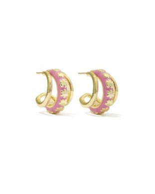 Gold hoop earrings with scalloped design and pink enamel accents | Walker Boutique