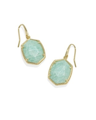 Gold drop earrings with faceted aqua stones in a geometric setting | Walker Boutique