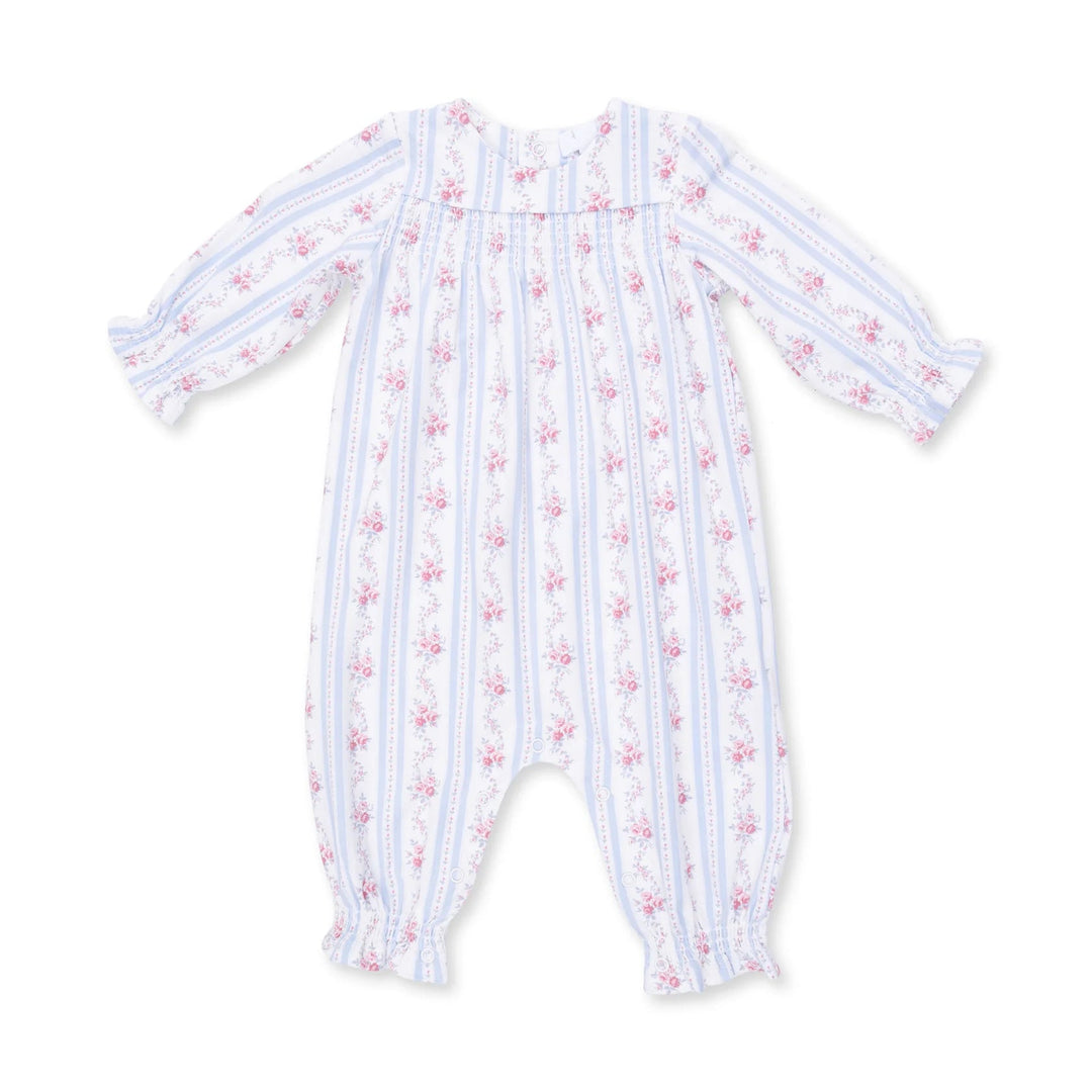 Angel Dear Anna Floral Stripe Smocked Long Sleeve Romper front view of the baby romper highlighting the silhouette and anna floral stripe smocked design