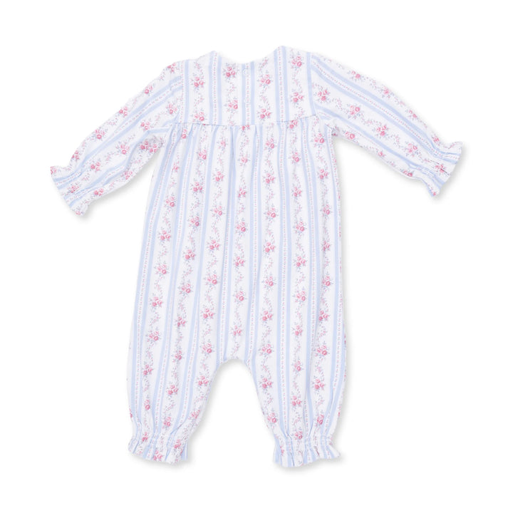 Angel Dear Anna Floral Stripe Smocked Long Sleeve Romper alternate view of the baby romper showing the anna floral stripe smocked design and coordinating trim