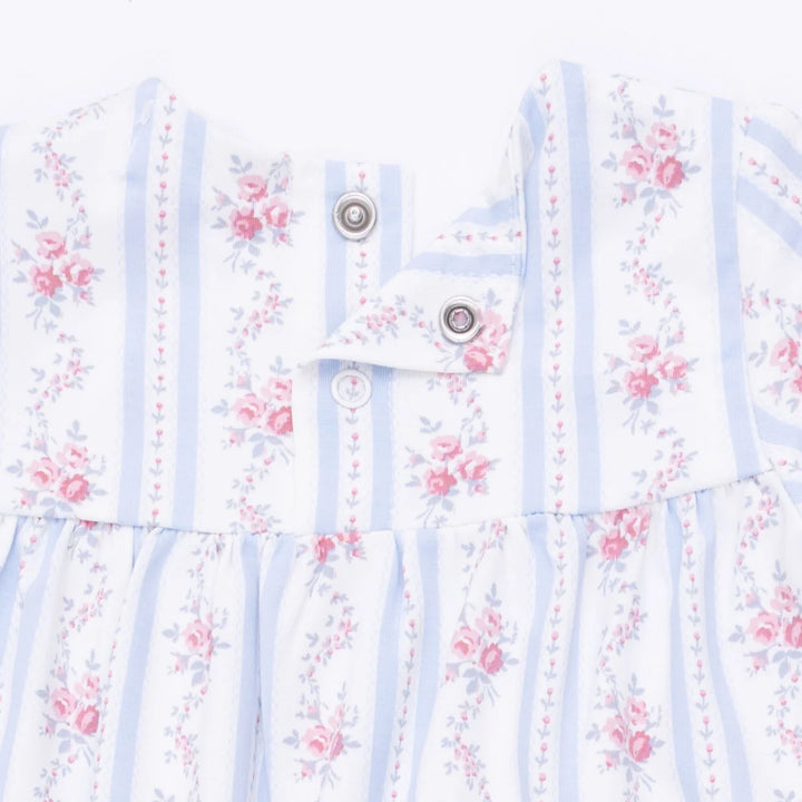 Angel Dear Anna Floral Stripe Smocked Long Sleeve Romper close-up of the baby romper highlighting the print, closures, and finishing details