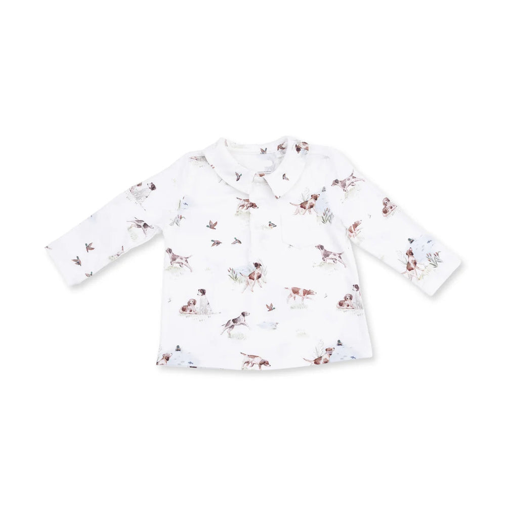 Angel Dear Pointer Pups and Duck Buddies Polo with Cargo Pant top detail highlighting the neckline, sleeves, and pointer pups and duck buddies polo with cargo pant design