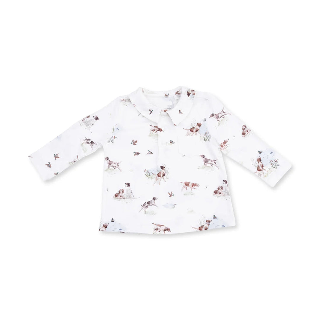 Angel Dear Pointer Pups and Duck Buddies Polo with Cargo Pant top detail highlighting the neckline, sleeves, and pointer pups and duck buddies polo with cargo pant design