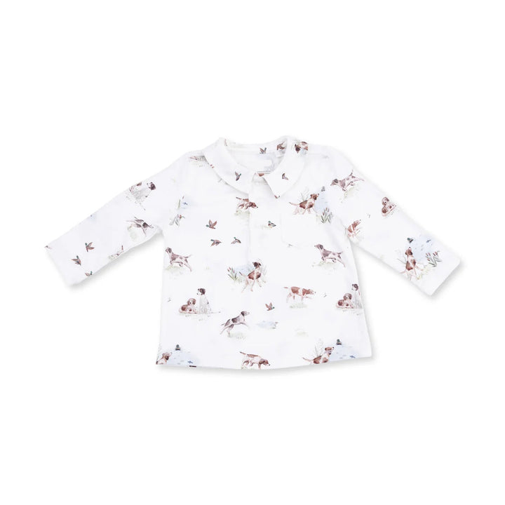 Angel Dear Pointer Pups and Duck Buddies Polo with Cargo Pant top detail highlighting the neckline, sleeves, and pointer pups and duck buddies polo with cargo pant design
