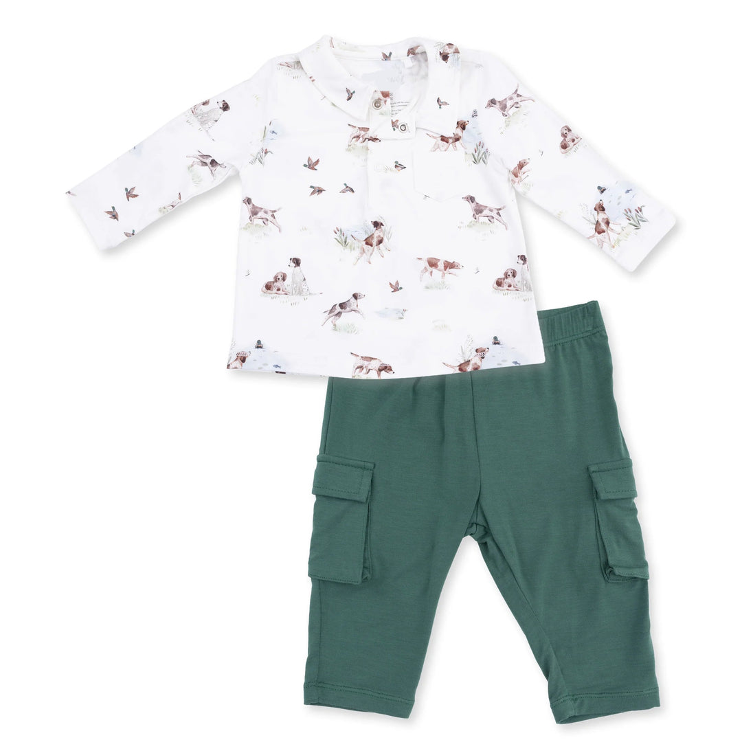 Angel Dear Pointer Pups and Duck Buddies Polo with Cargo Pant complete outfit view showing the coordinated pieces and pointer pups and duck buddies polo with cargo pant design