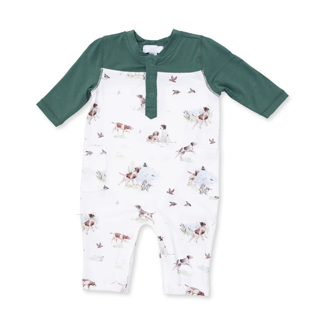 Angel Dear Pointer Pups and Duck Buddies Romper with Contrast Sleeves front view of the baby romper highlighting the silhouette and pointer pups and duck buddies with contrast sleeves design