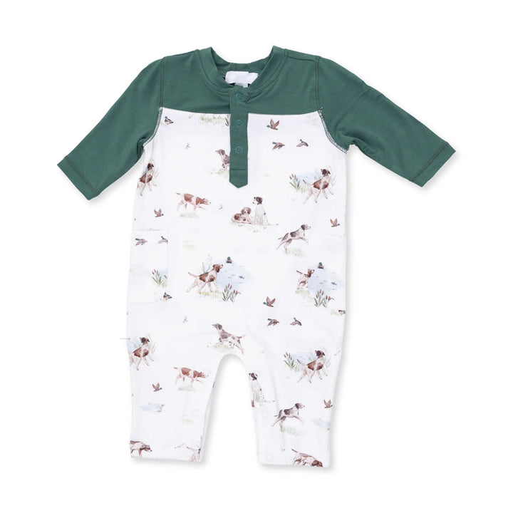 Angel Dear Pointer Pups and Duck Buddies Romper with Contrast Sleeves front view of the baby romper highlighting the silhouette and pointer pups and duck buddies with contrast sleeves design