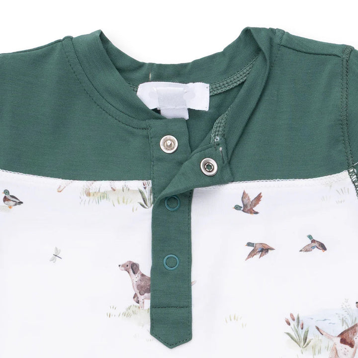 Angel Dear Pointer Pups and Duck Buddies Romper with Contrast Sleeves alternate view of the baby romper showing the pointer pups and duck buddies with contrast sleeves design and coordinating trim