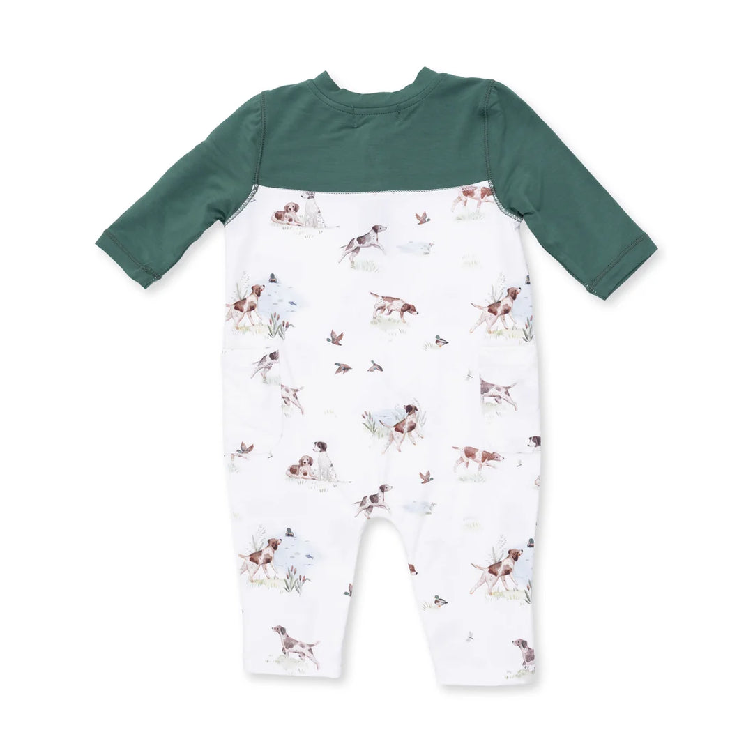 Angel Dear Pointer Pups and Duck Buddies Romper with Contrast Sleeves close-up of the baby romper highlighting the print, closures, and finishing details