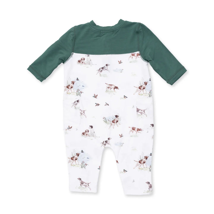 Angel Dear Pointer Pups and Duck Buddies Romper with Contrast Sleeves close-up of the baby romper highlighting the print, closures, and finishing details