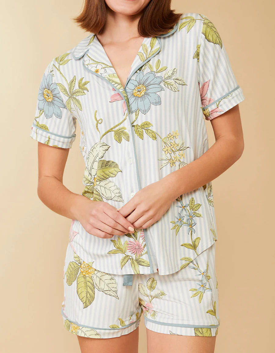 SPARTINA: SHORT SLEEVE PAJAMA SET | FLORAL VINE STRIPE BLUE