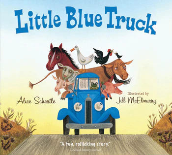 Book cover of 'Little Blue Truck' with a blue truck and animals on a yellow background