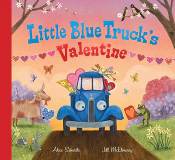 Book cover of 'Little Blue Truck's Valentine' with a blue truck, cow, and frog in a colorful setting.